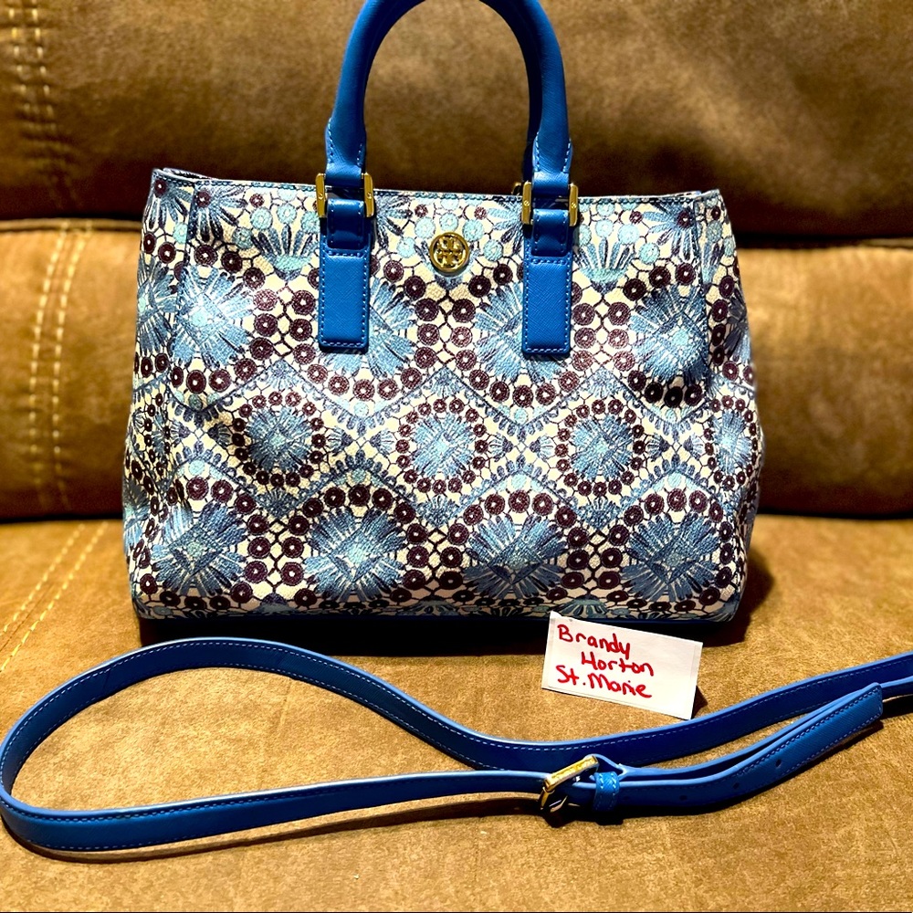 RARE TORY BURCH COATED CASTILLO COMBO ROBINSON PRINTED TRIANGLE TOTE BAG